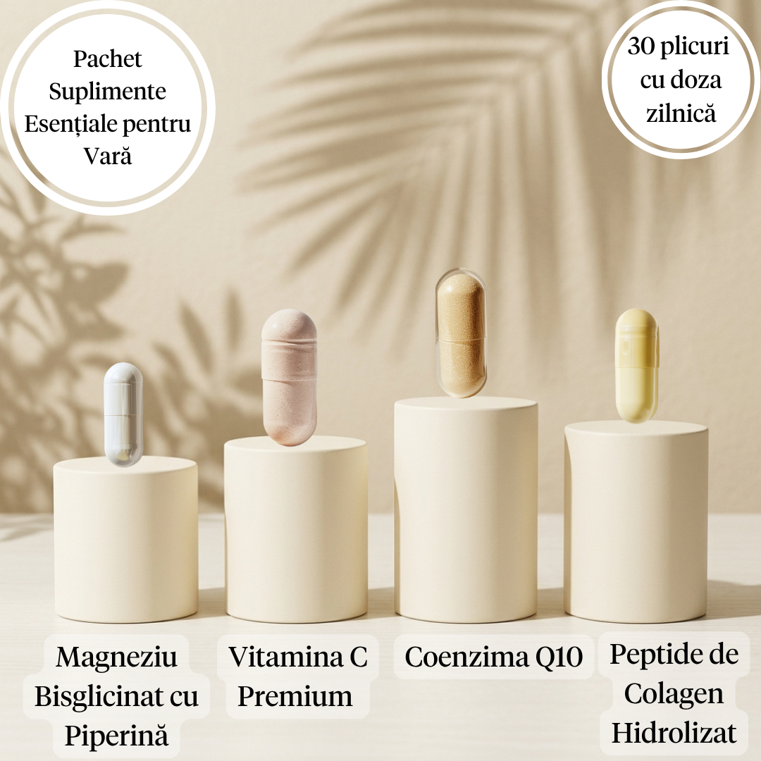 Pachet 30 de zile Suplimente Esentiale pentru Vara (Vitamina C, Coenzima Q10, Magneziu, Colagen)