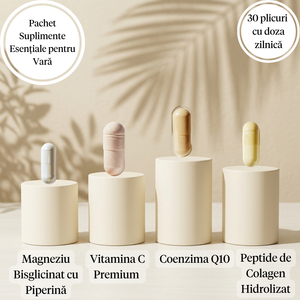 Pachet 30 de zile Suplimente Esentiale pentru Vara (Vitamina C, Coenzima Q10, Magneziu, Colagen)